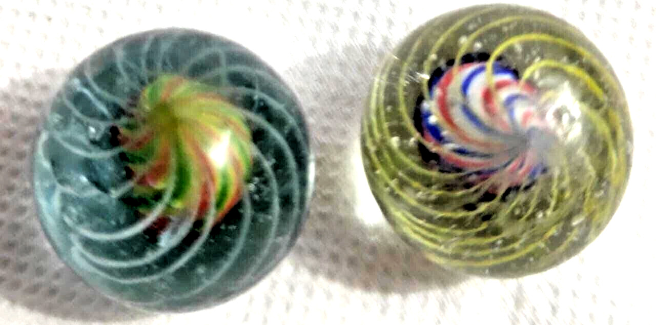OLD 2 TOY MARBLES multi colored solid core caged 1 tri level ,2 blue base glass