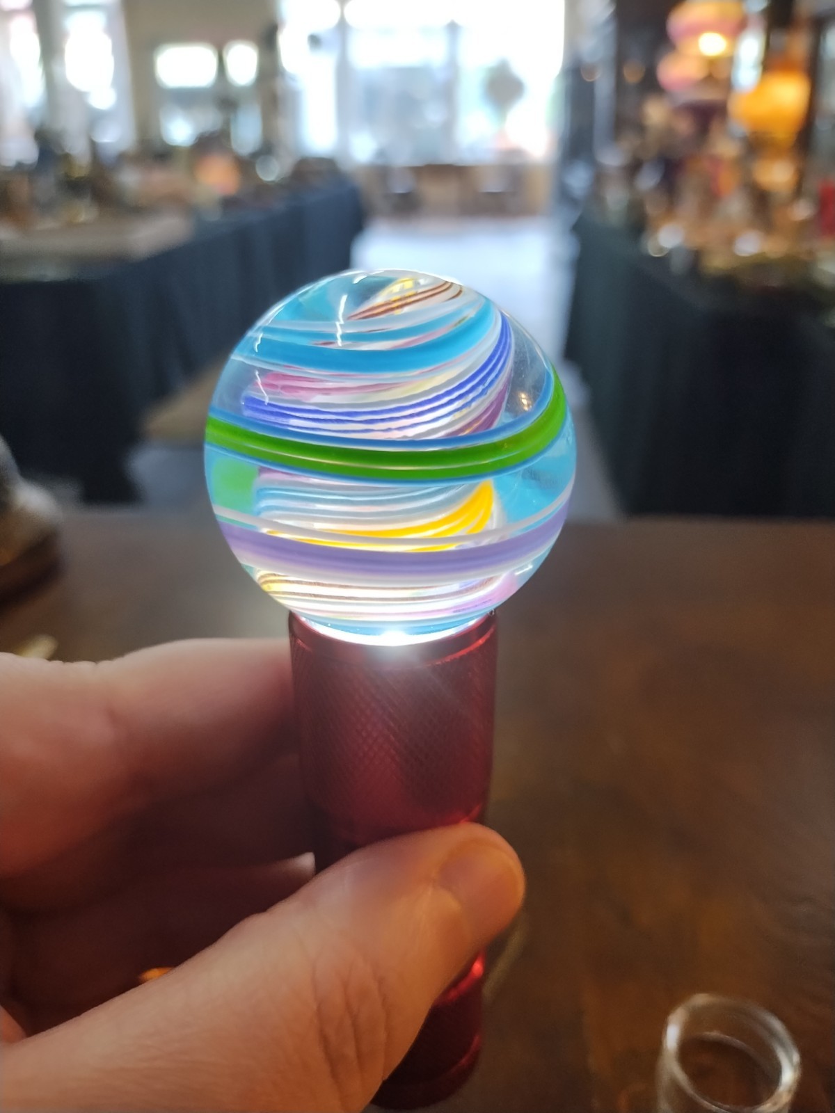Jody Fine “Captain Marble” Pastel Latticino Swirl Art Glass Marble with Stand