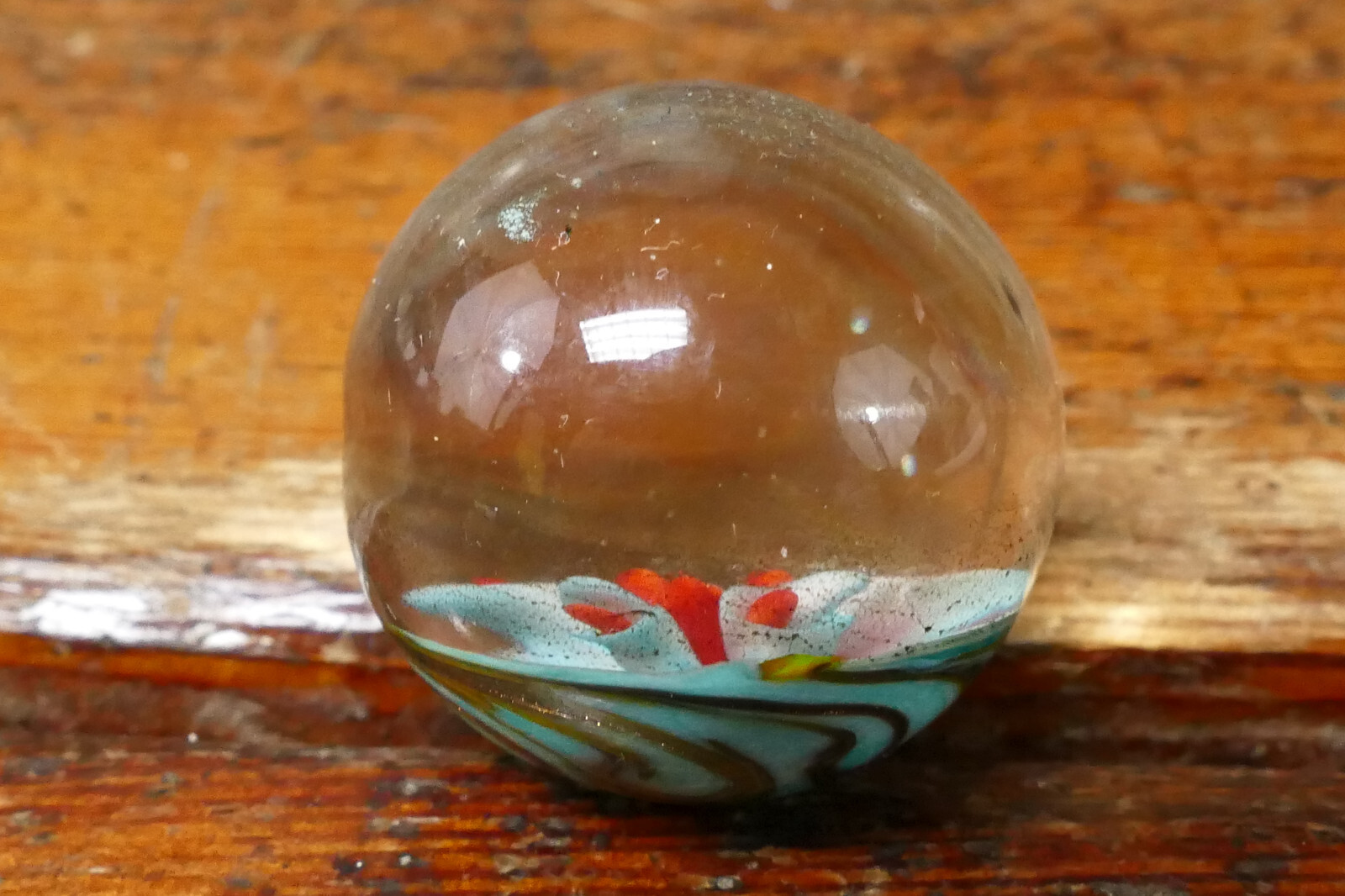 Vintage Hand Blown Art Glass Marble Red & White Flower Floral Design – 1 1/8”