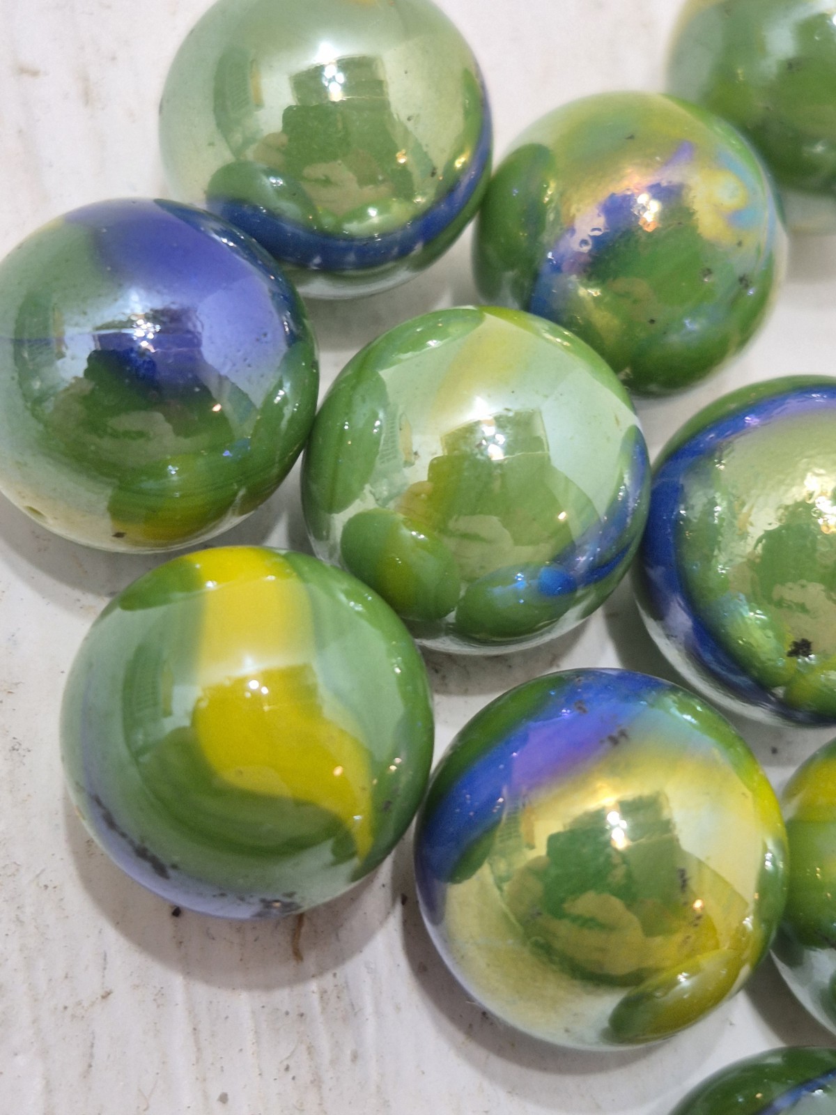 Lot of Glass Marbles Mostly Peacock Iridescent Art Swirls Green Blue Yellow