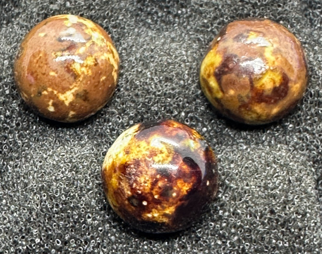 3 ANTIQUE BENNINGTON MARBLES BROWN FANCY 1800’s HANDMADE salt GLAZED set