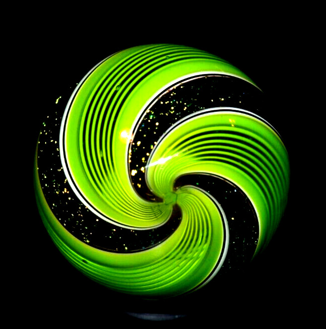 HOT HOUSE GLASS MARBLE/1.476″-LIME GREEN LATTICINIO STYLE WITH DICHROIC-GRASS GR