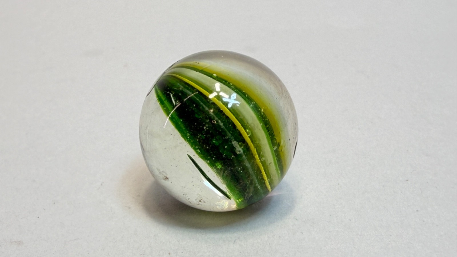 German Blown Glass Marble Naked Razor Single Divided Ribbon Green White 1.1”