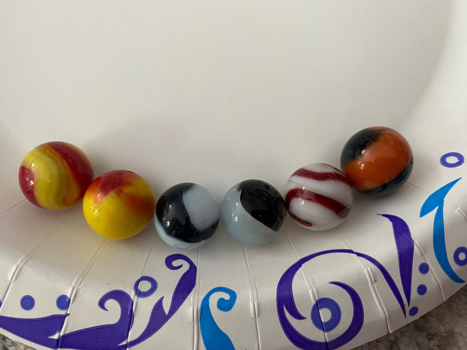 Six antique Marbles Two Color Corkscrew Patch Swirls (yellow orange) Two-colored