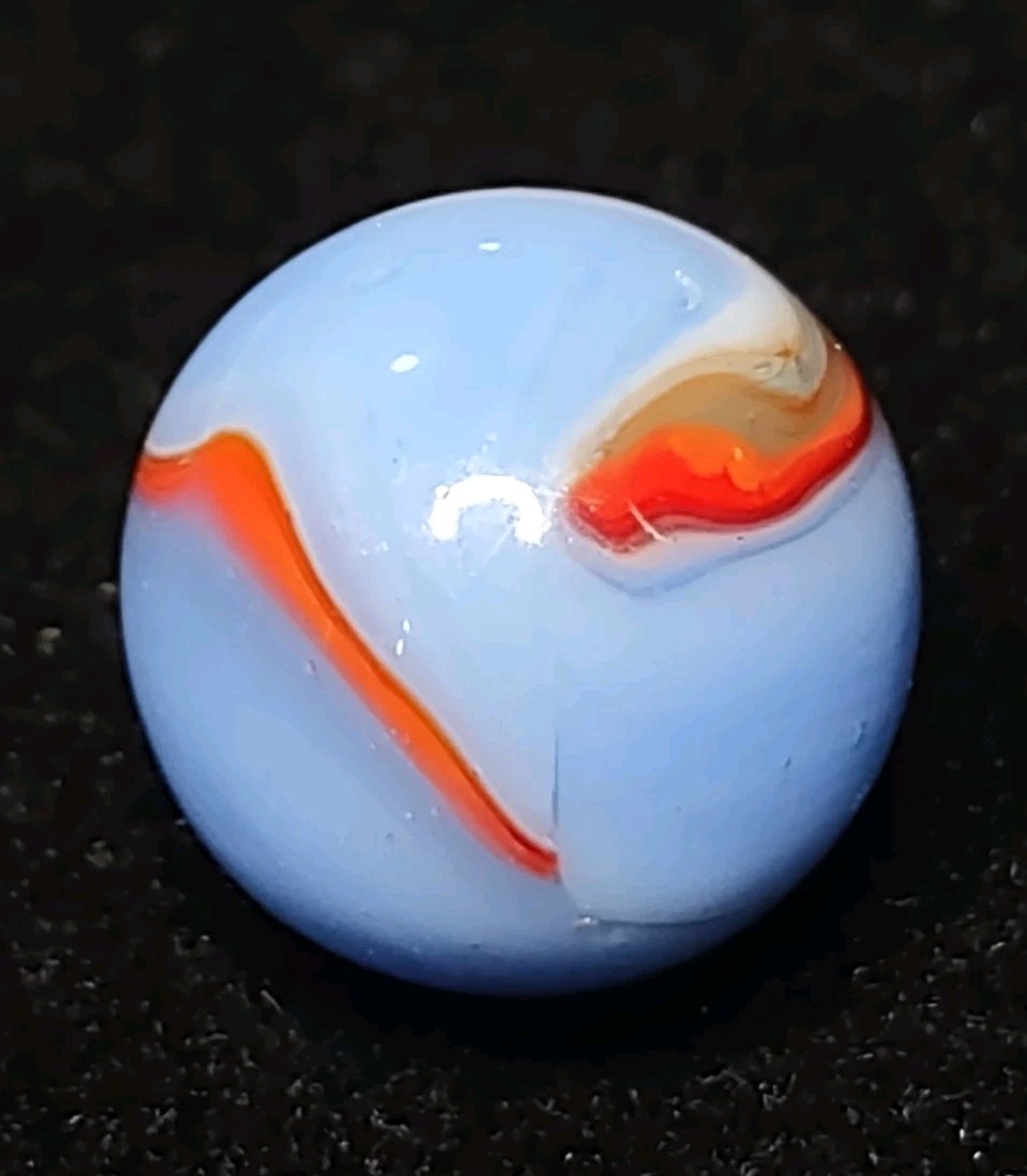 Robin Egg Blue w/ Orange 🔥 Red Peltier Rainbo Glass Vintage Marble .63″ Toy
