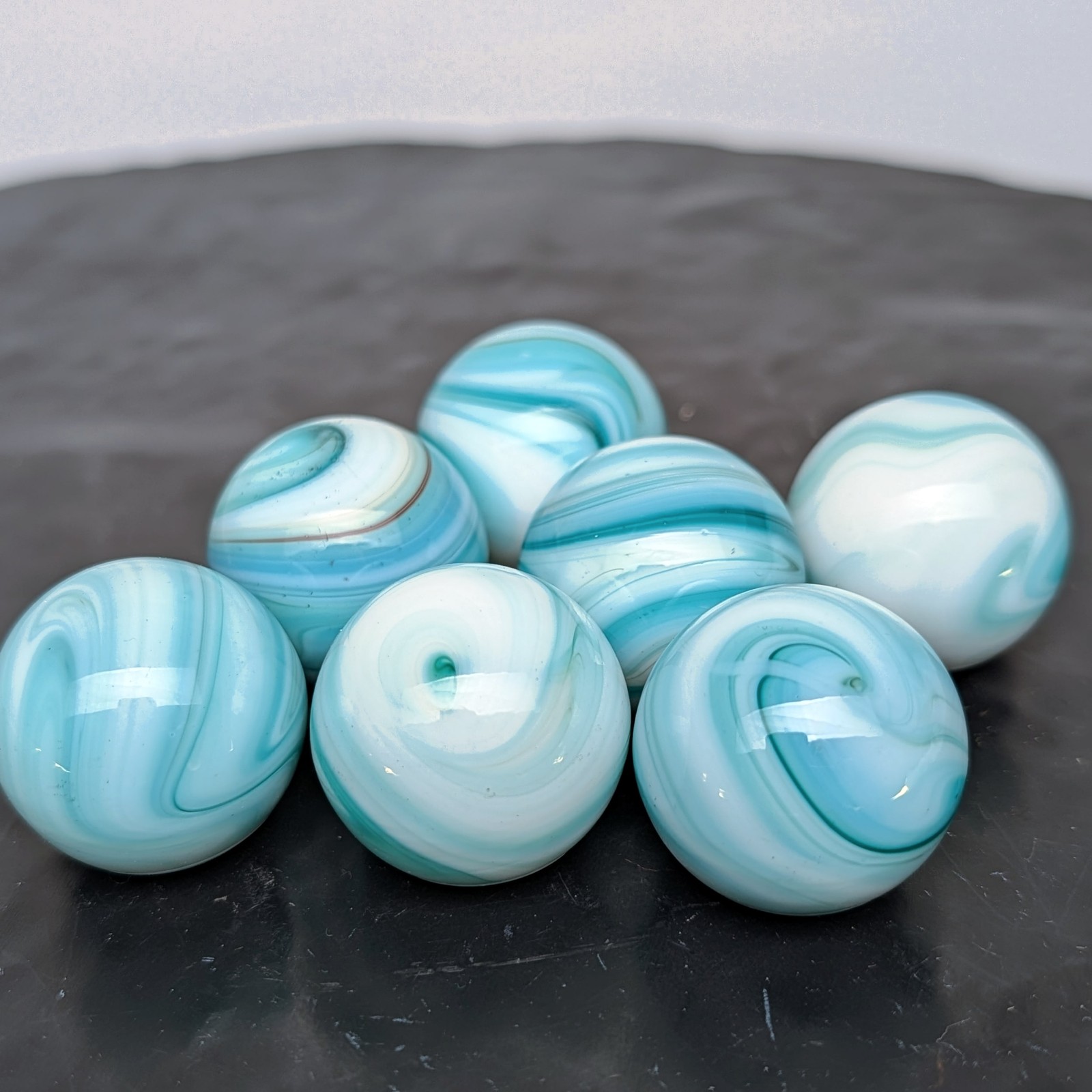 Akro Agate Swirl Slag Glass Marble Shift Knobs Hotrod Blue+White 1″ HTFâ­
