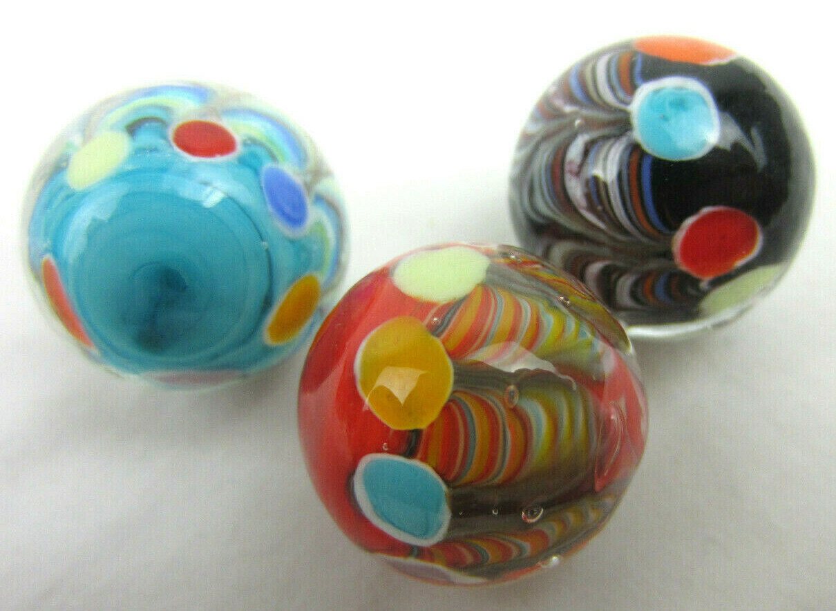 3 BIG TOP 16mm Handmade Art Glass Blue Red Spots/Dots Marbles