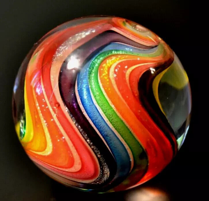 EDDIE SEESE GLASS MARBLE/1.839″-EXOTIC RAINBOW TRANS.DEEP LOBE DRT-WORLDWIDE