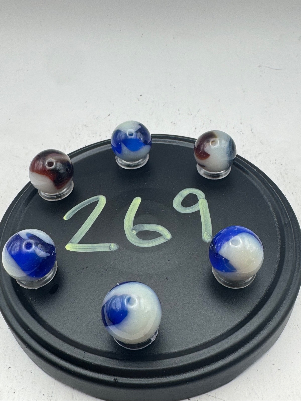 10x 5/8″ Jabo Classics Marbles Lot Blue, White, Brown, White Fenton UV Reactive