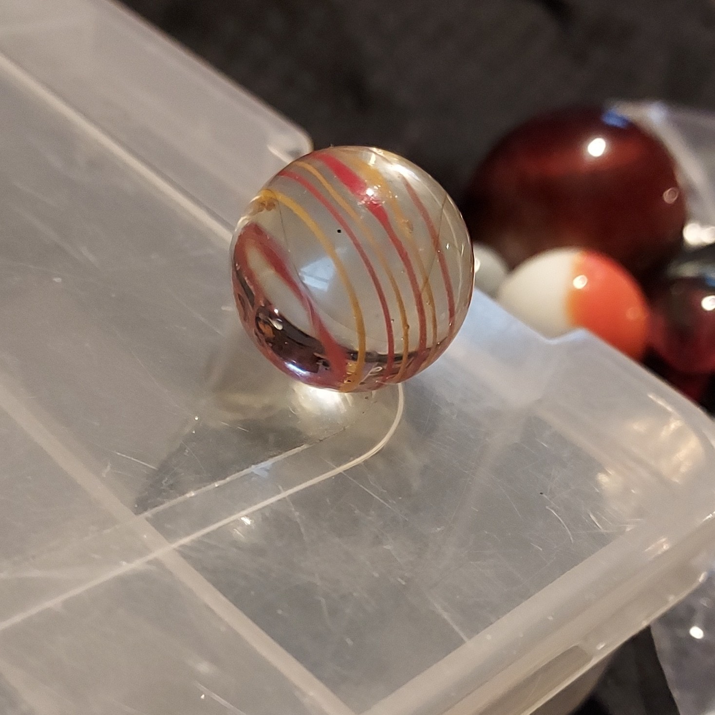 Clear Glass Swirl Toy Marble – Red Orange Yellow Ribbon Stripes, Ages 4+