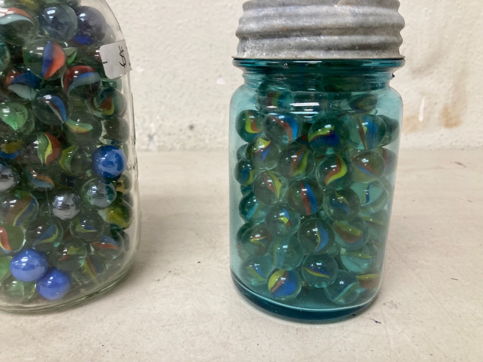 Lot of 2 Vintage Aqua Ball Pint Jars Full of Marbles 16 oz Collectible