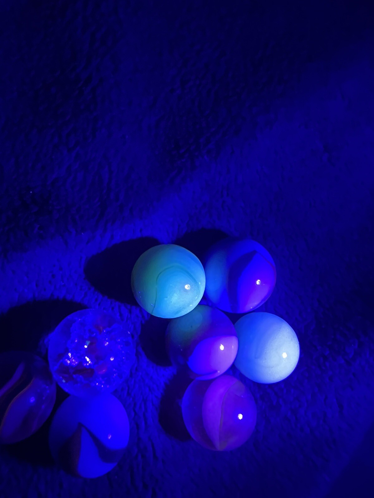 UV Uranium and Cadmium Marbles, Lot of 8, All Reactive, Some Minimally.