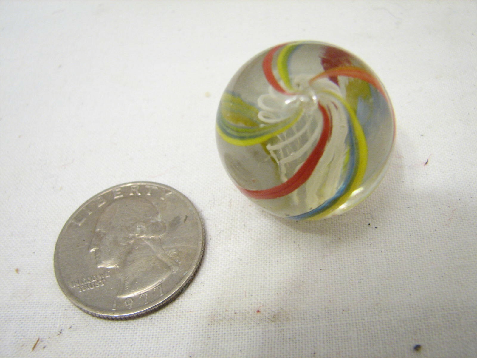 Vintage White Latticino Caged Swirl Marble Blue Red Yellow Shooter
