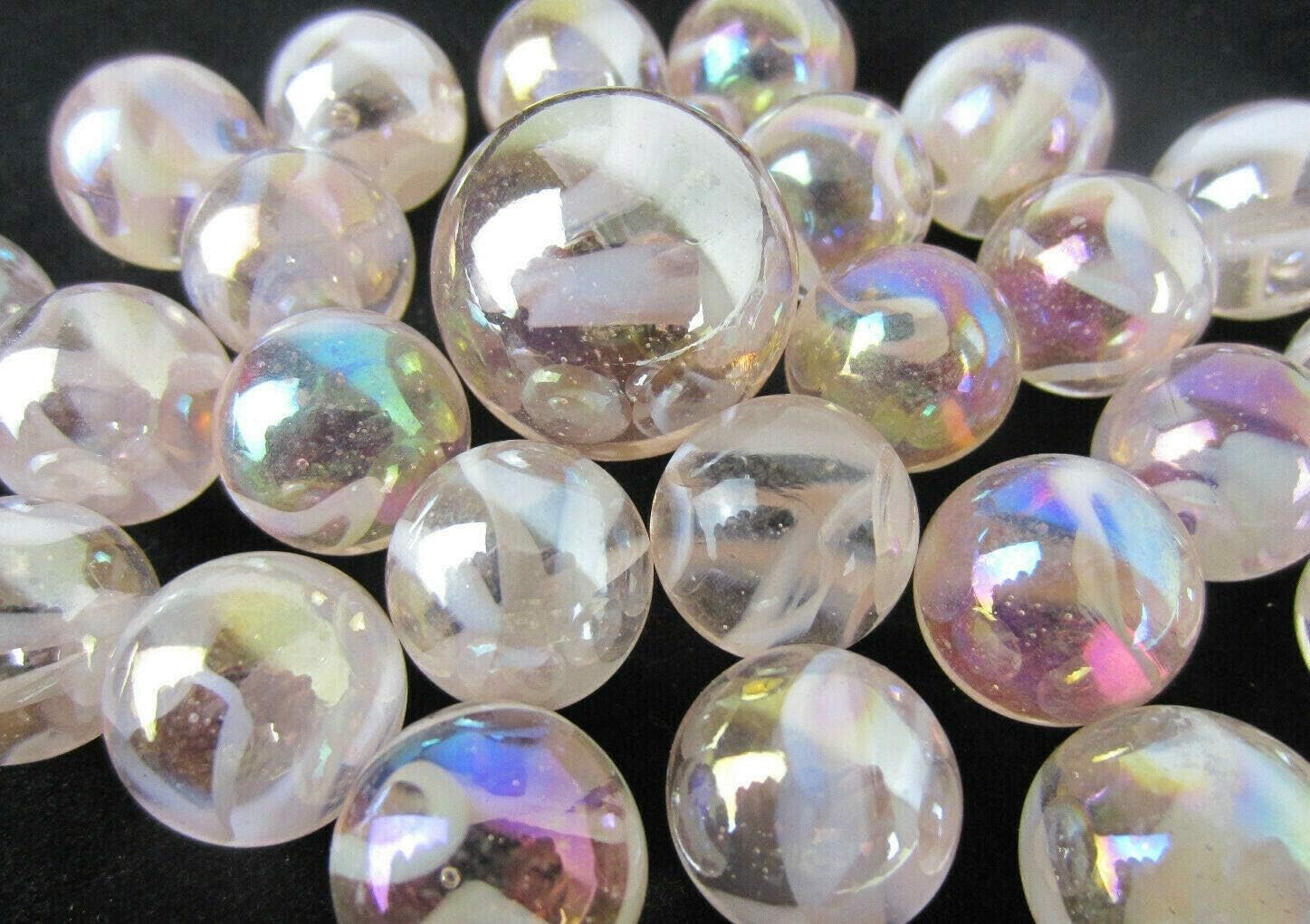 25 Glass Marbles JELLYFISH Pink/White Soap Bubble game vtg style Shooter Swirl