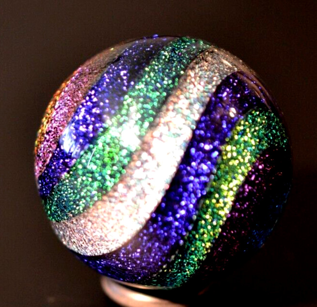JAMES ALLOWAY GLASS MARBLE/1.358″-DICHROIC RAINBOW STARDUST #639-VIOLET,FOREST +
