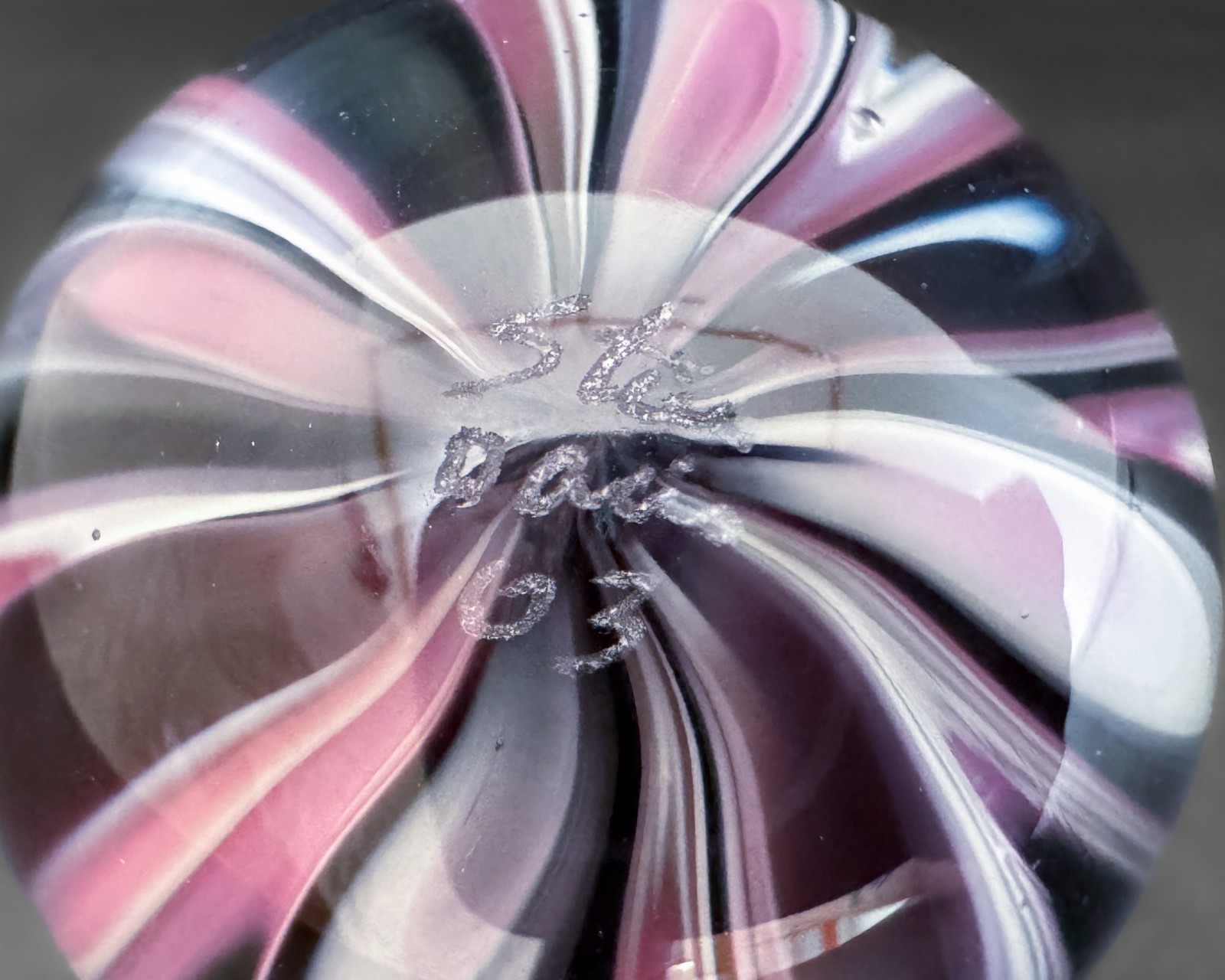 Steve Davis 1.5″ Pink White Black Swirl Handblown Art Glass Marble