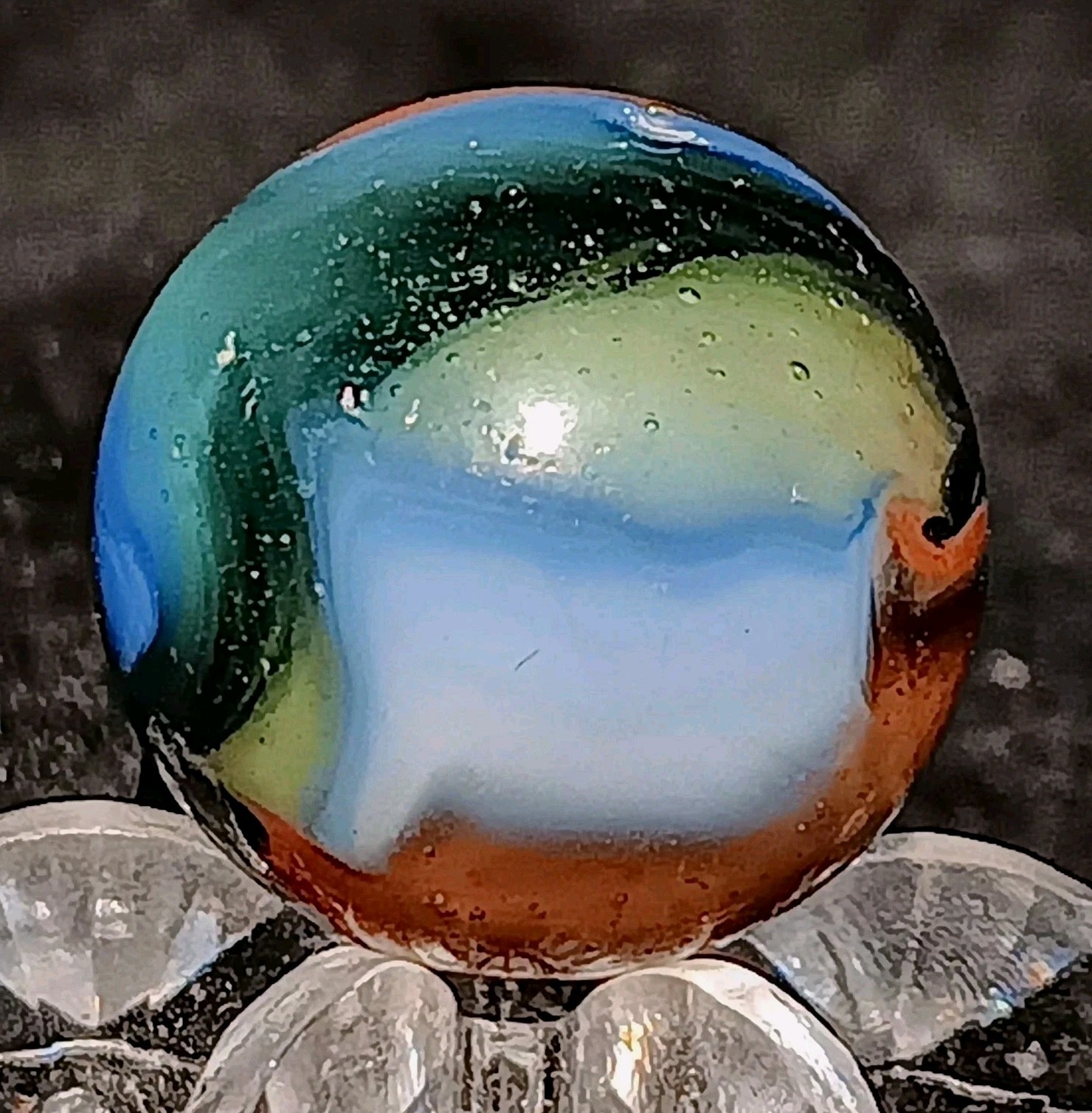 Vintage Pelter Glass Multi-Color Swirl Marble. 61″ Nm. Uv Active.