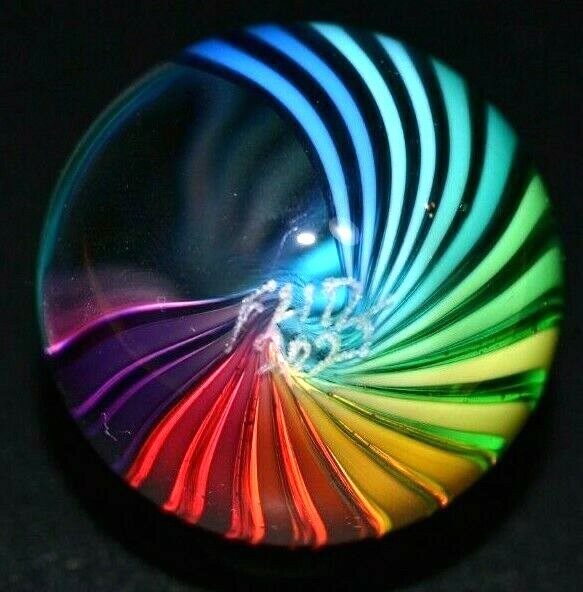 FRITZ LAUENSTEIN GLASS MARBLE/1.140″-3/4 RAINBOW WEIRDO-1/4 IS CLEAR VIEW-CENTER