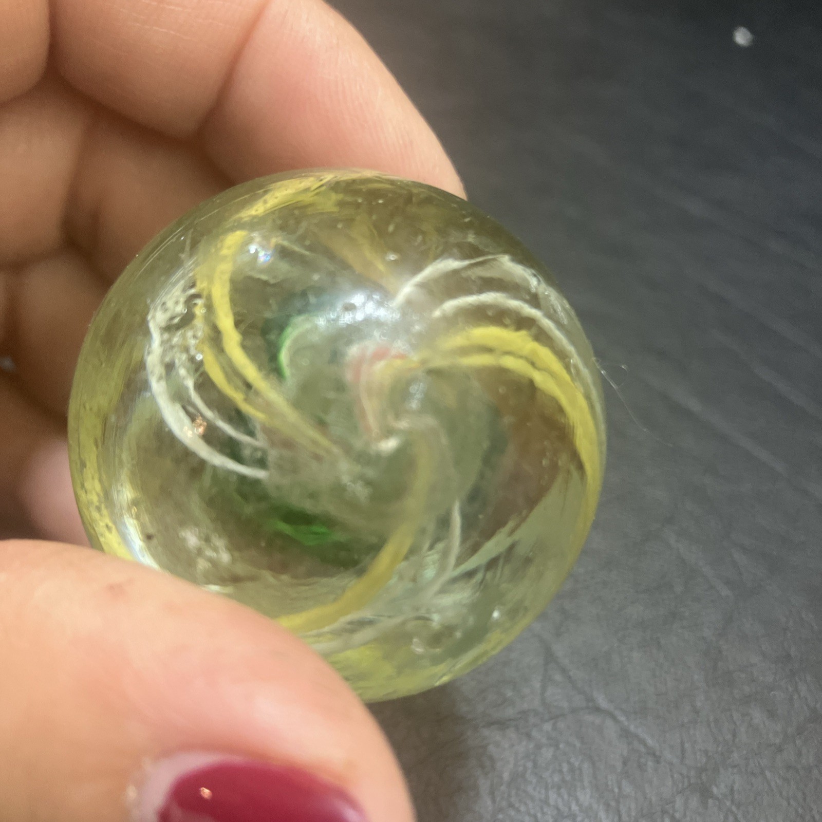 German Handmade Ribbon-Core Swirl Marble ~23mm Multicolor w/ White Cage (1As)