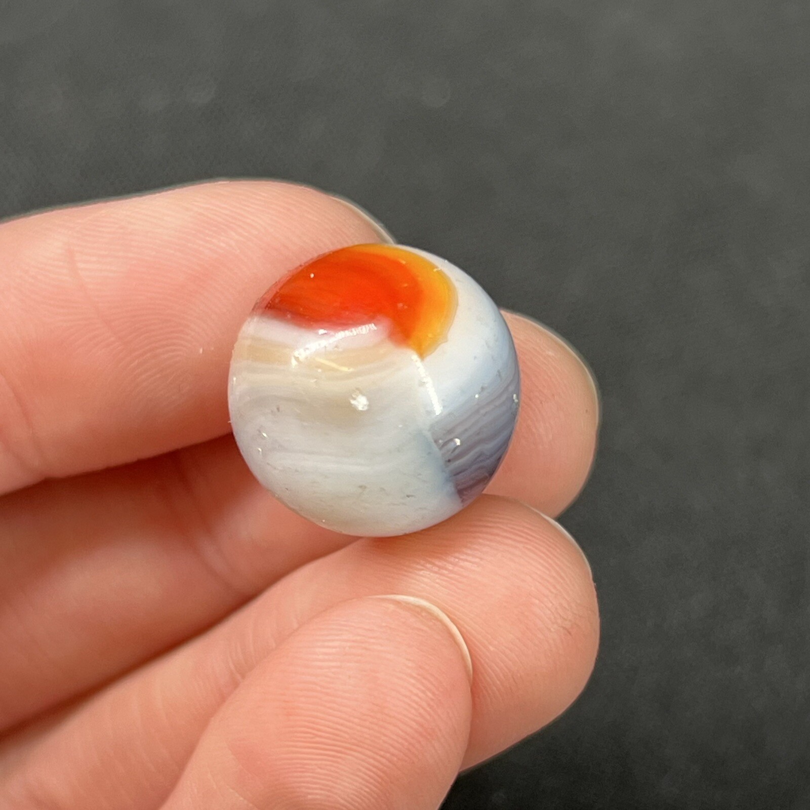 Vintage Akro Agate Peltier Christensen Art Glass Swirl Marble Purple Orange .6”