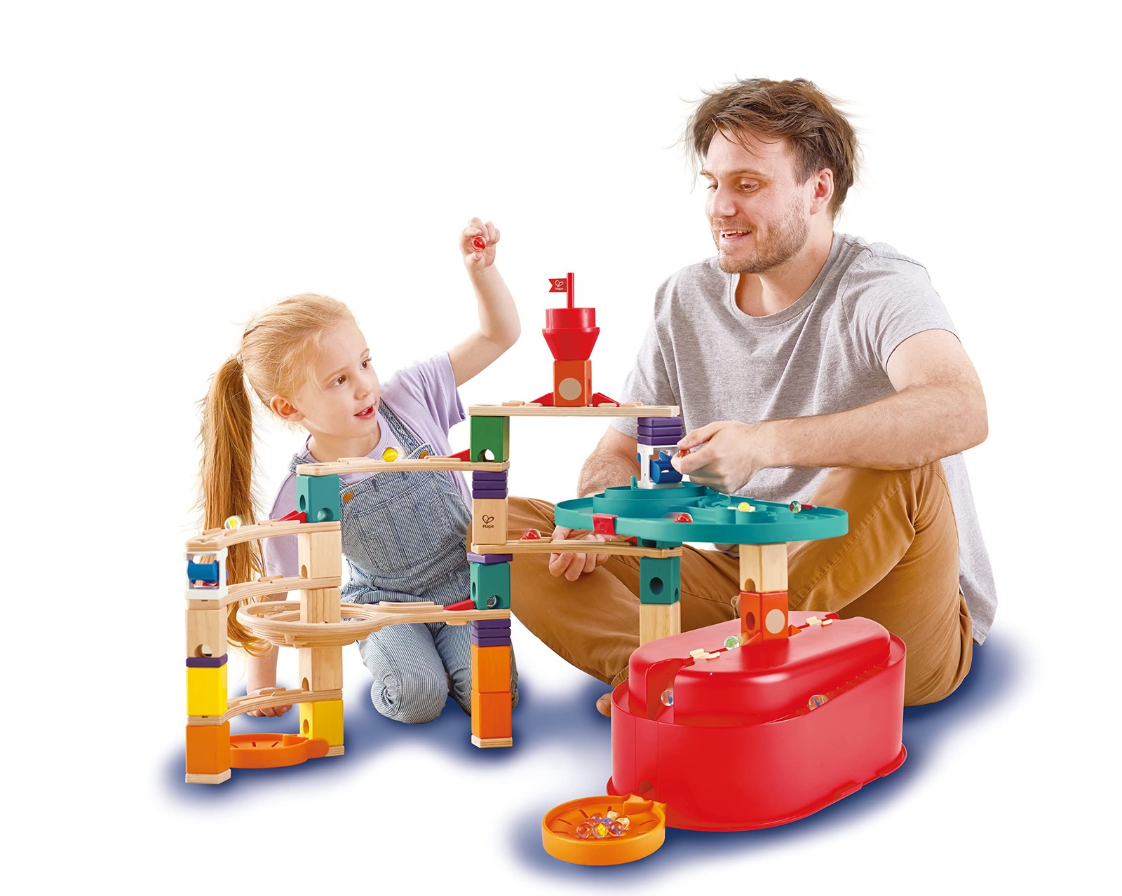 Hape 90 Piece Quadrilla Stack Track Bucket Box Marble Race Building Set Blue