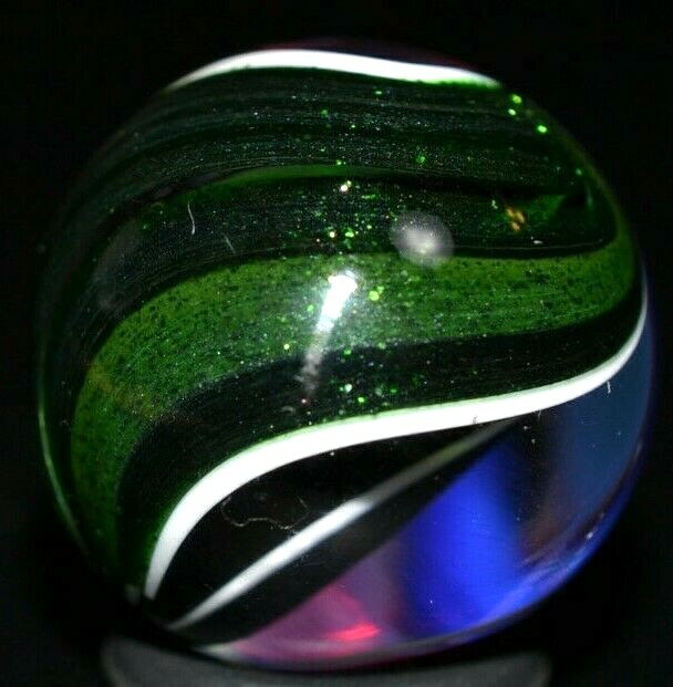JODY FINE HANDMADE GLASS MARBLE/.880″-ZEBRA CORE w/RAINBOW & GREEN LUTZ RIBBONS-