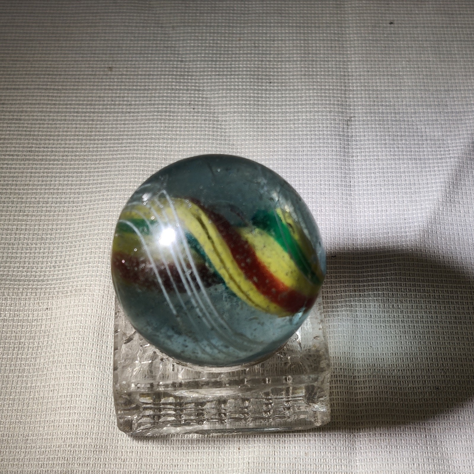 Antique German Glass Marble White Latticinio Core Swirl Multi Color Giant 1-1/2″