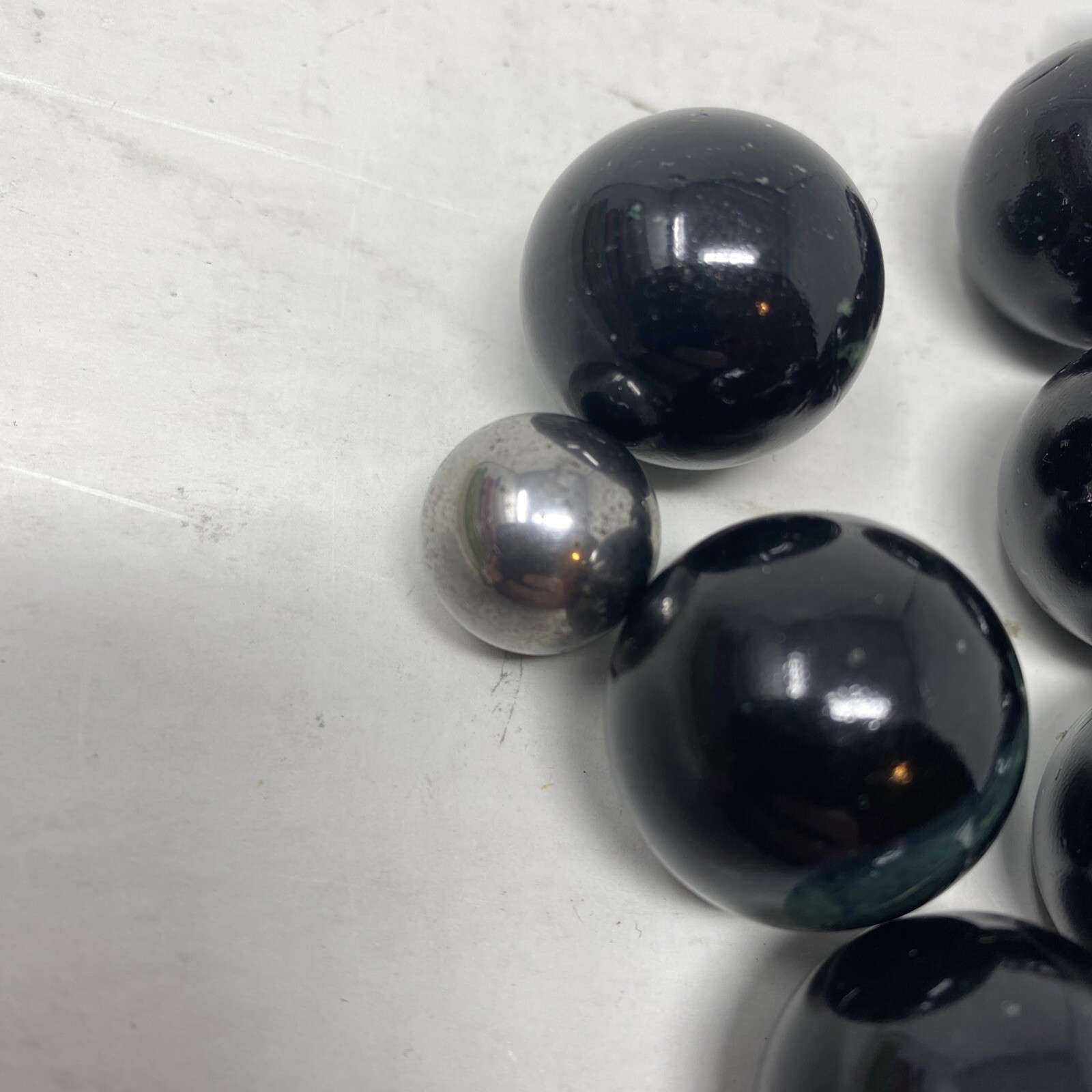 Lot Of 11 Vintage Marbles Black With Green/Yellow Color Swirl