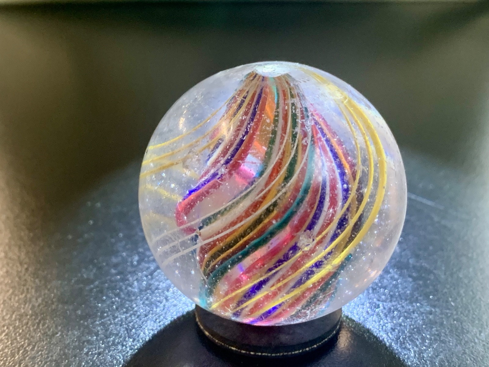 Antique German Multi Color Latticinio Core Swirl Marble 43mm 1.69″ Yellow white
