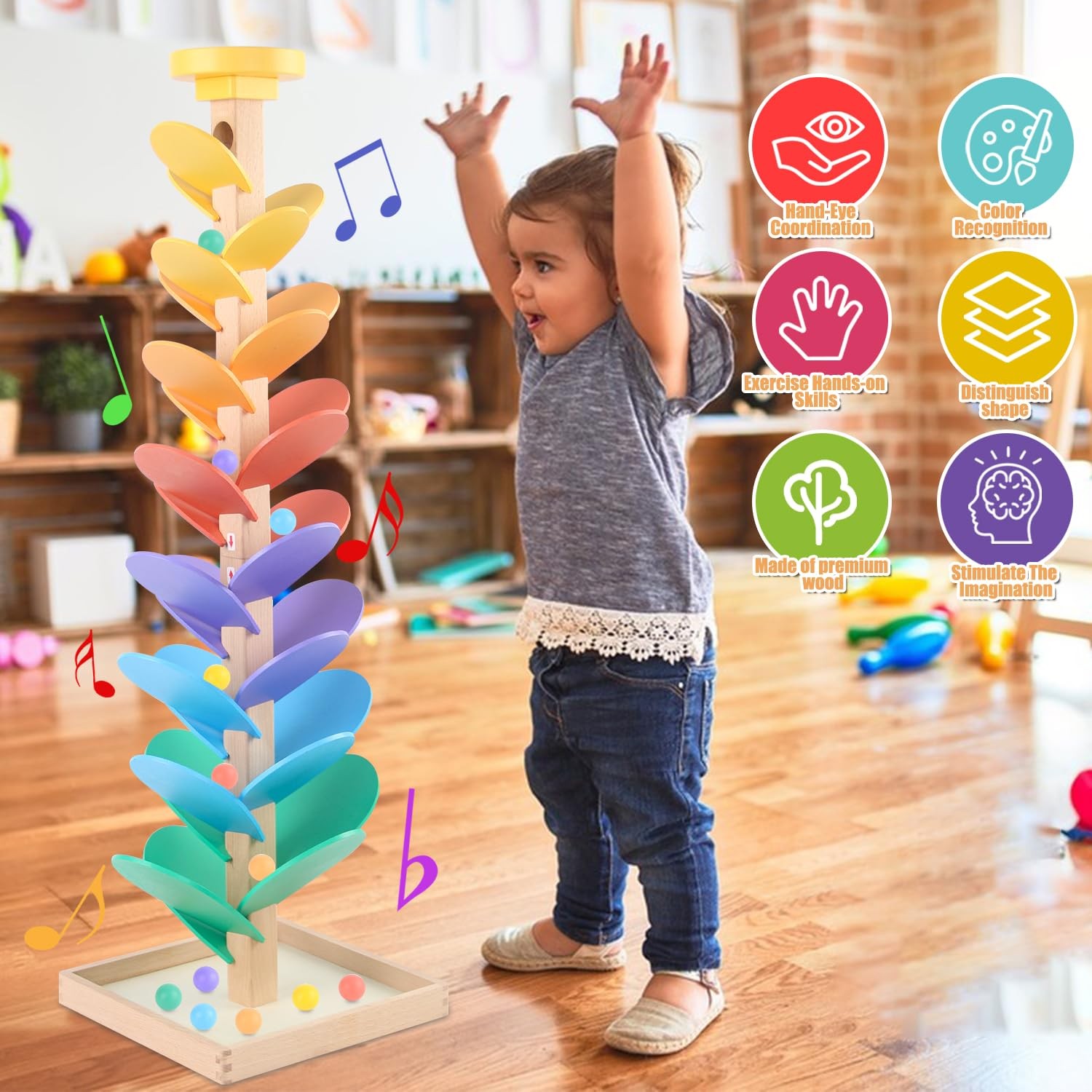 Wooden Marble Run for Kids 4-8 Boys Girls 30 cm x 38 x 4 cm, Multicolor