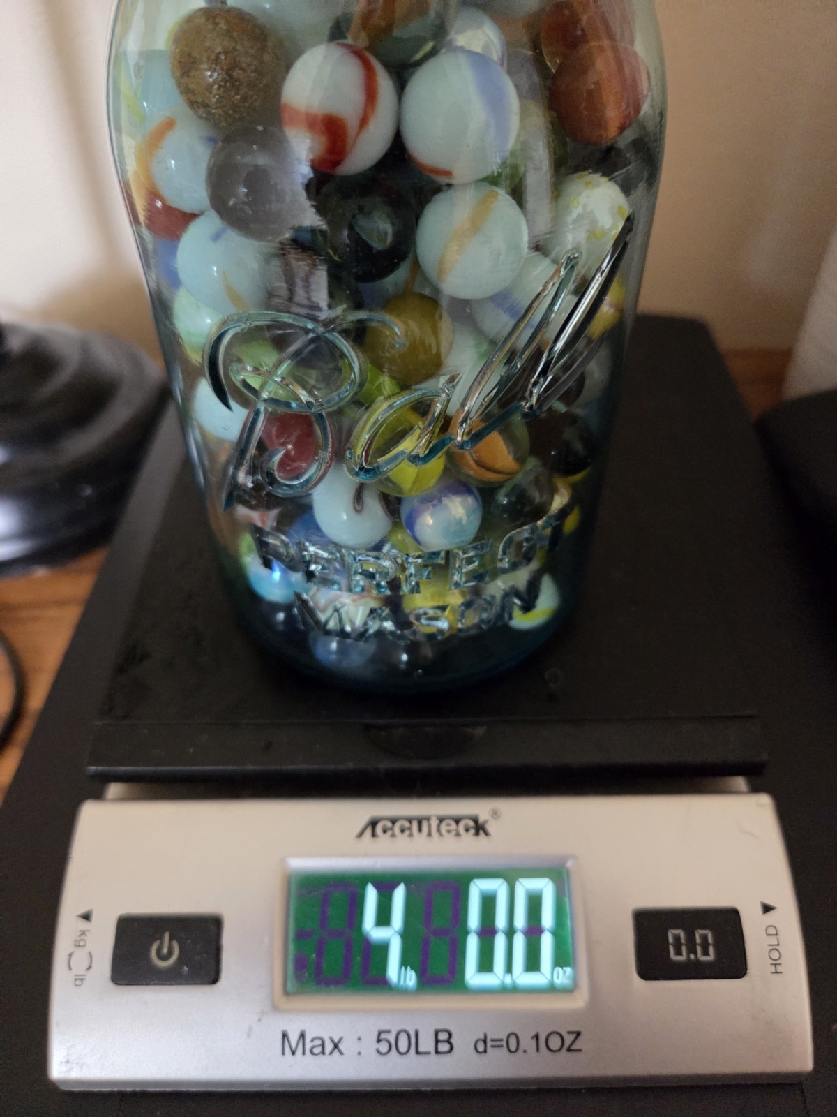 Vintage Blue Glass Ball Jar Full Of Marbles 4 Lbs