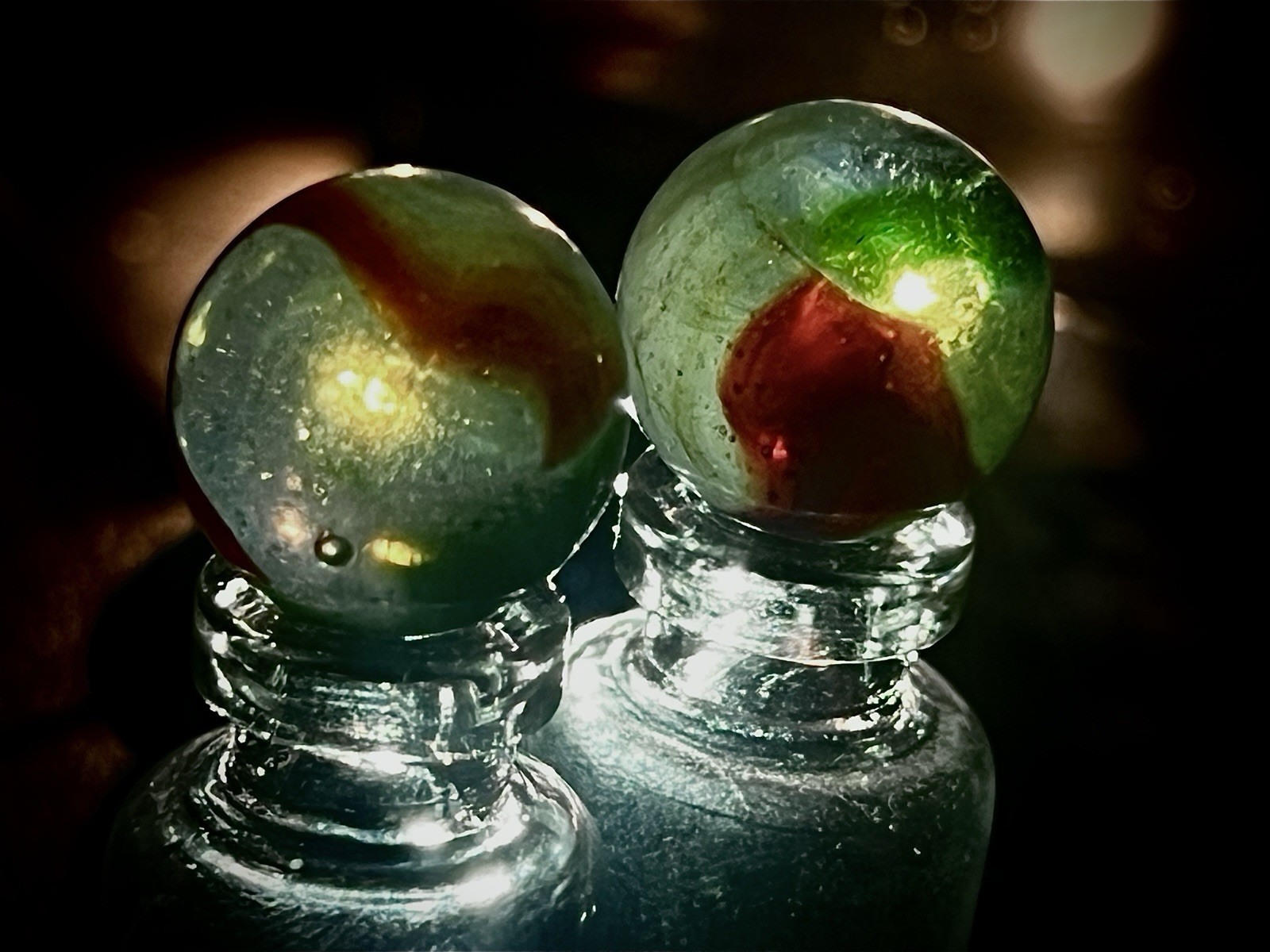 Vintage Peltier NLR Colorado Marble Green Red Swirl Clear Base 5/8” (pair)