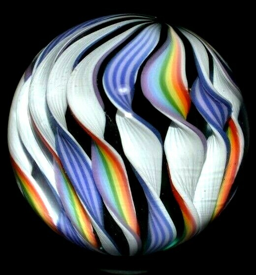 BRYAN TRILLAS GLASS MARBLE/1.331″-14 CANE RAINBOW FILIGRANA-BOULDER LAVENDER,RED