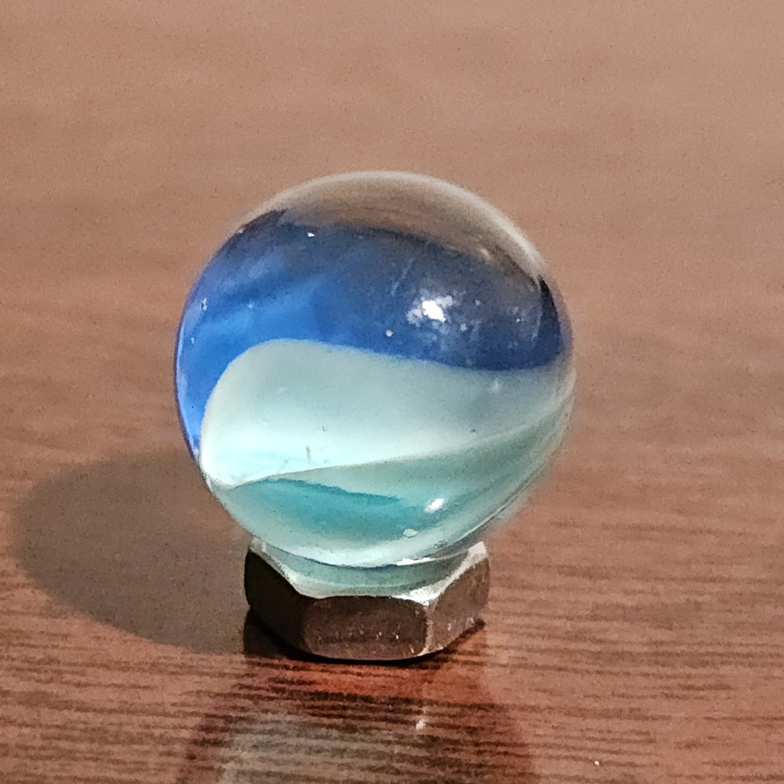 Vintage Dark Blue Light Blue Thru-White 6-Vein Cats Eye .592″ Glass Marble
