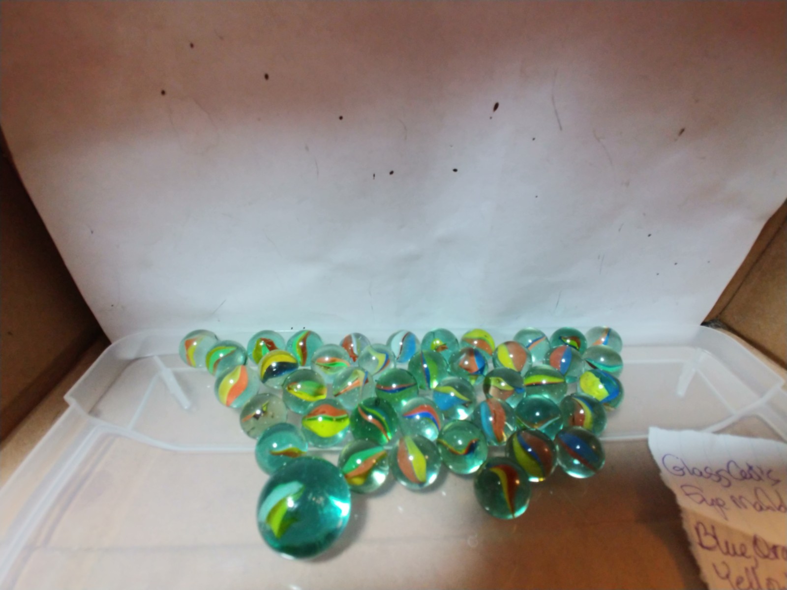 Glass Cat’s Eye Marbles Blue, Orange & Yellow & 17 other(1 Shooter & 40 Marbles)