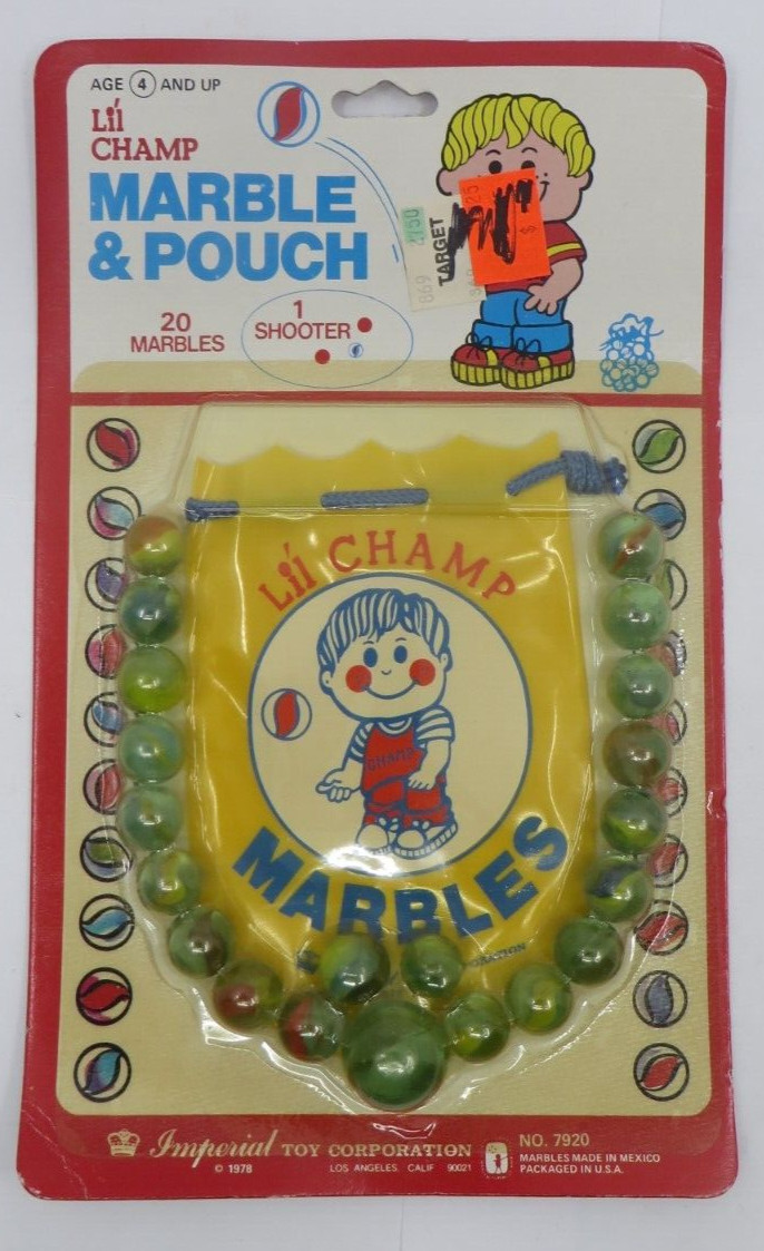 Vintage 1978 Lil Champ MARBLES & POUCH Imperial Toy Corporation NEW NOS Shooter
