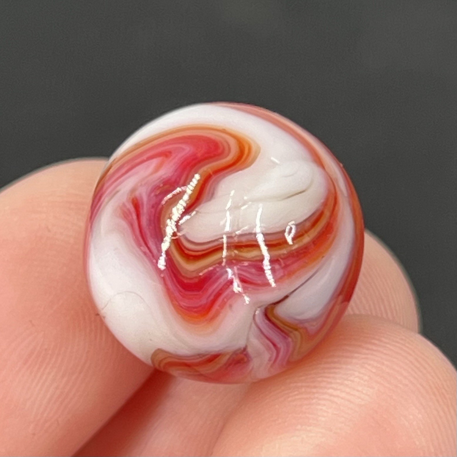 Old Glass Marble Christensen Akro Peltier Vitro .6” Groovy Orange White