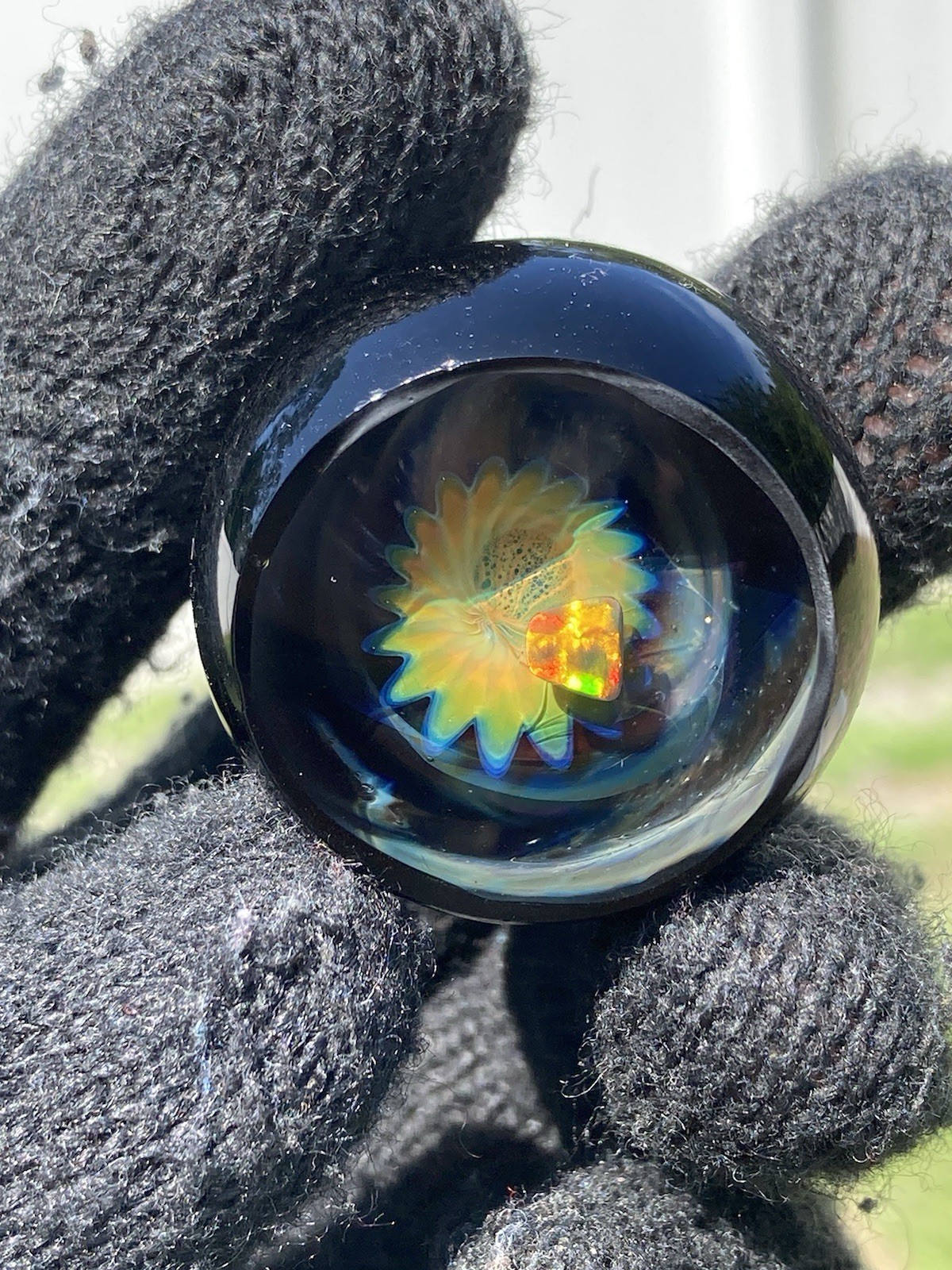 Glass Boro Space Marble 33mm W/ Opal Stone Hand Made Art W/ Faceted ￼Sculpture