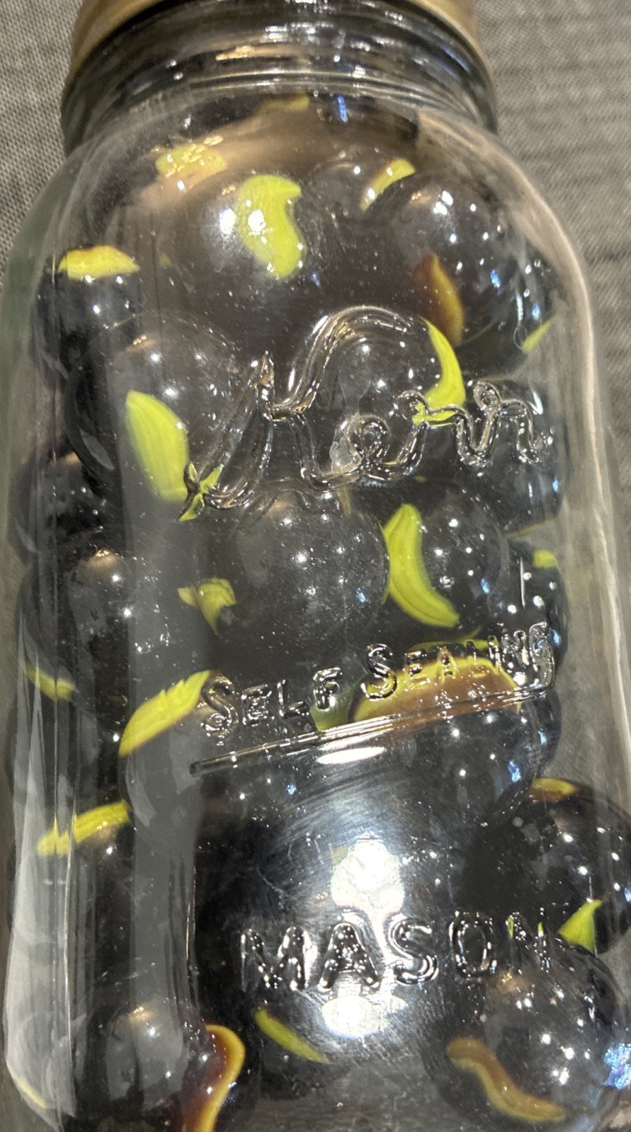Lot Of Blue Yellow Swirl Bumble Bee Marbles Large Marbles Vintage Quart Jar Full