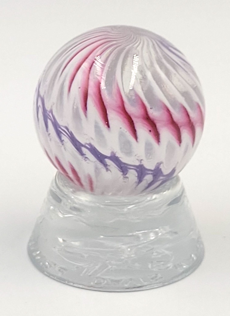 Jim Davis-Davis Marbles Pink White & Purple Swirl 1.5″ Marble w/Orig Glass Stand