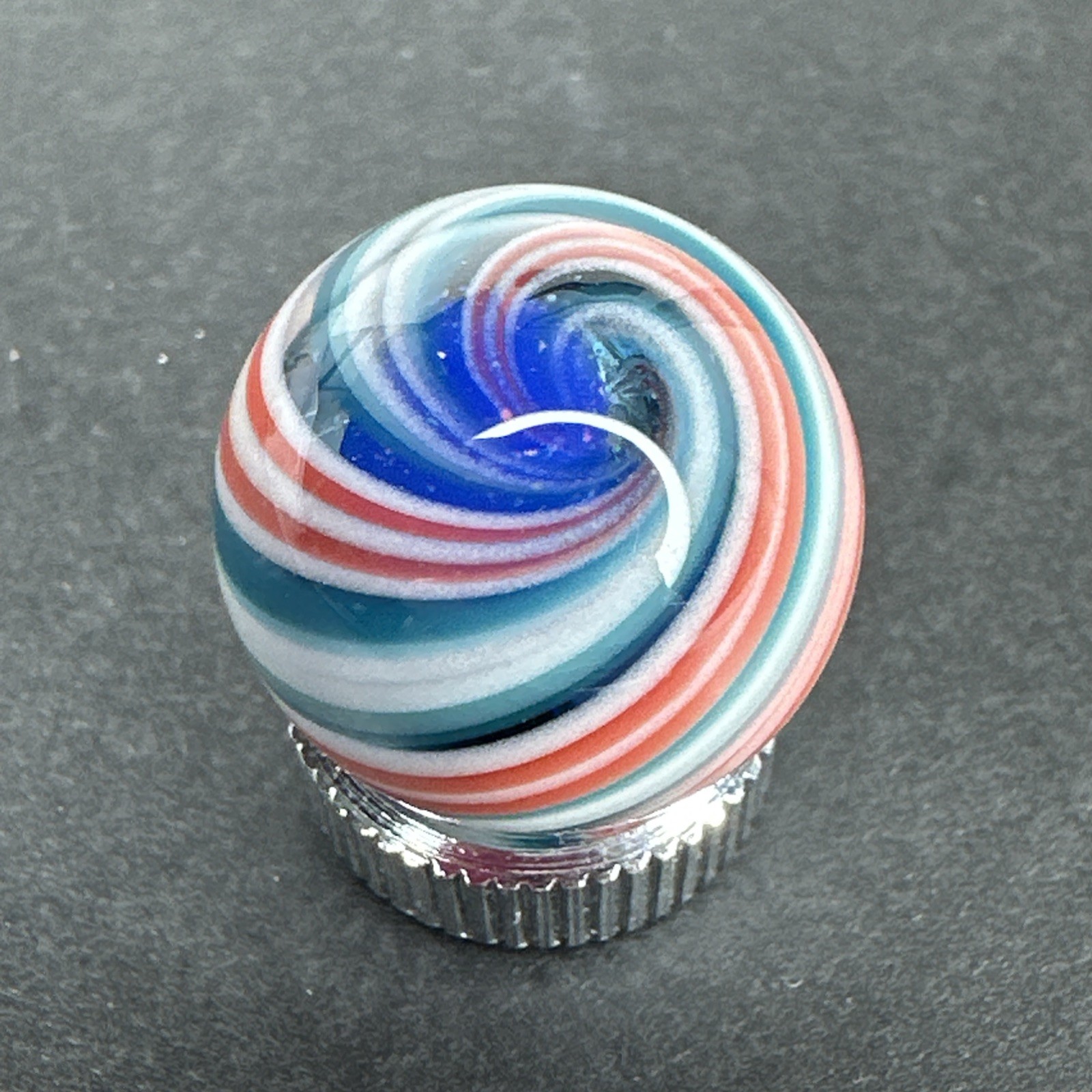 Contemporary Handmade Art Glass Marble .71″ Orange Blue White Swirls & Stripes