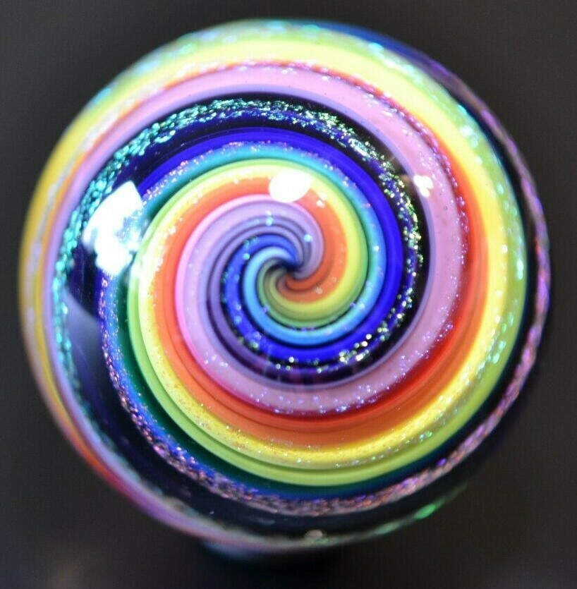 EDDIE SEESE GLASS MARBLE/2.00″-RAINBOW DICHROIC SPLENDOR-GREEN LUTZ,VIOLET,YLW+