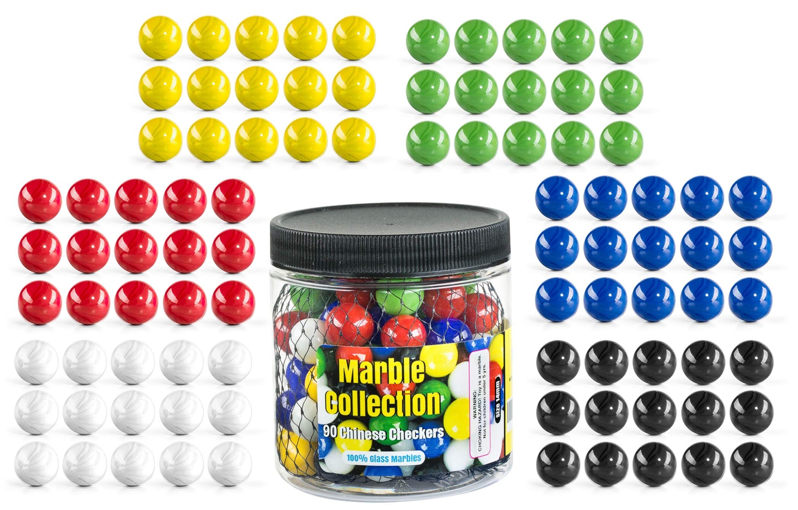 Set of 90 Glass Marbles for Chinese Checkers Various Colors with Container