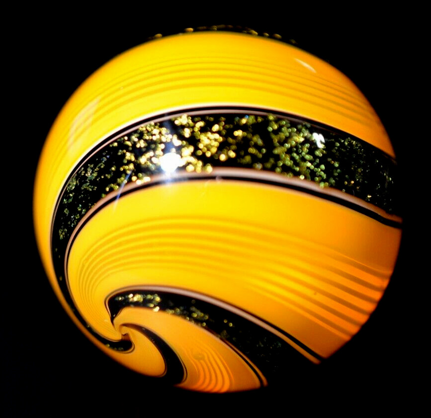HOT HOUSE GLASS MARBLE/1.785″-ORANGE LATTICINIO/DICHROIC GOLD-WORLDWIDE FAST