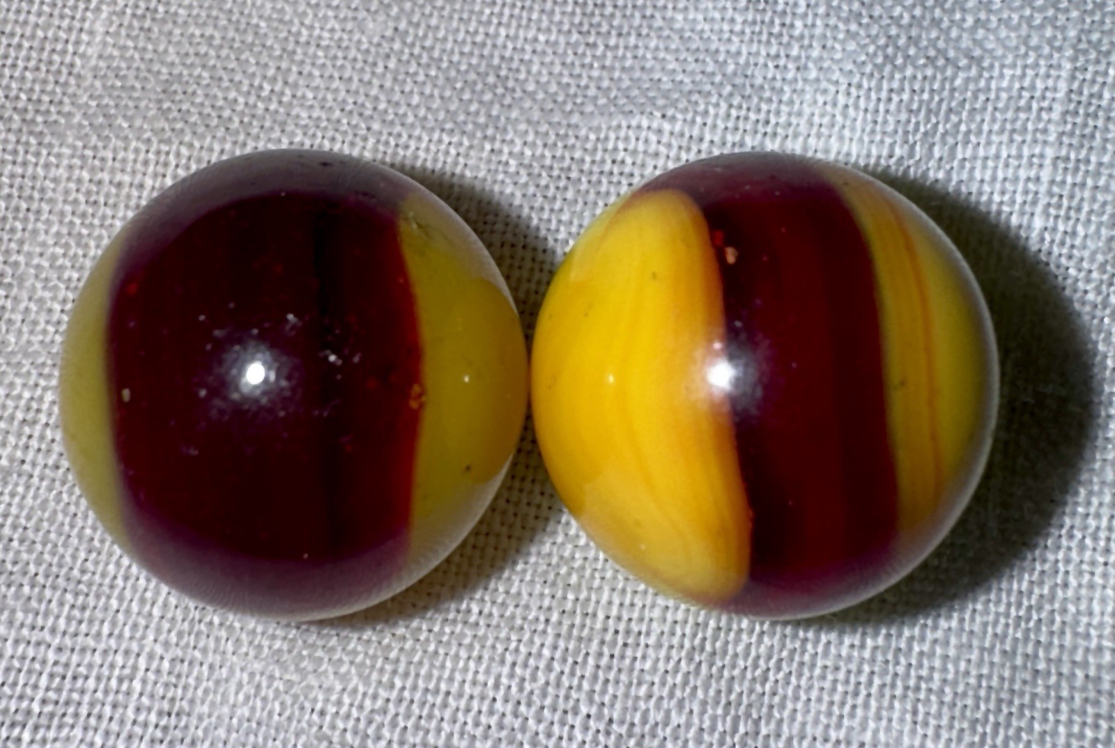 2 Vintage Akro Agate Patch Marbles, Both 0.62 in & NM+