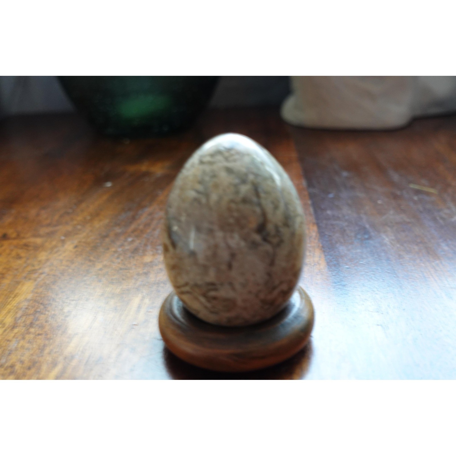 Vintage Polished Marble Egg with Stand: Brown Speckled Decor