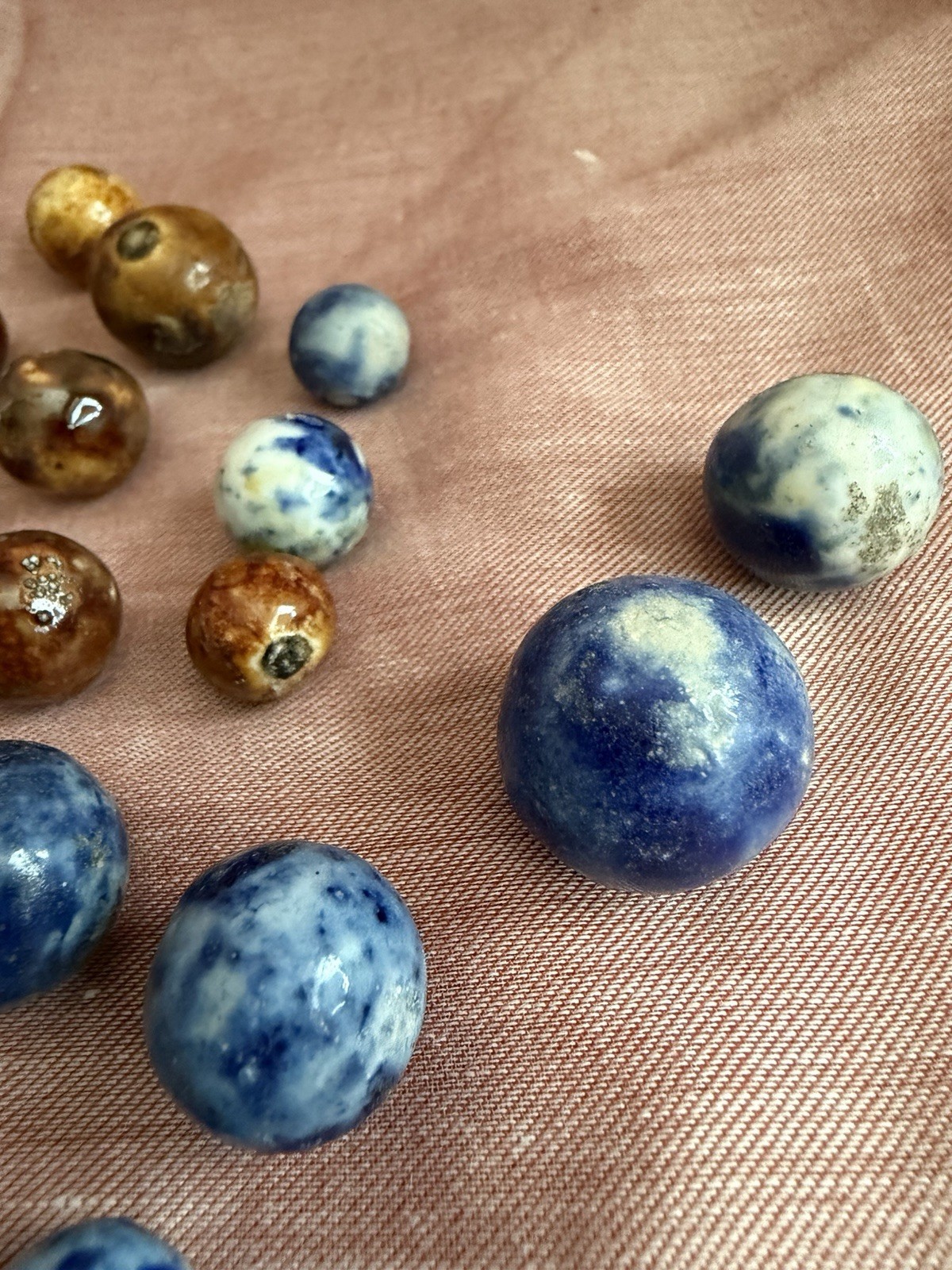 Bennington Marbles 33 Piece Lot Blue Brown Fancy Salt Glazed Clay