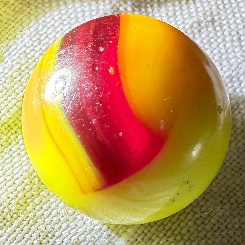 2 Vintage Akro Agate Patch Marbles, Both 0.62 in & NM+
