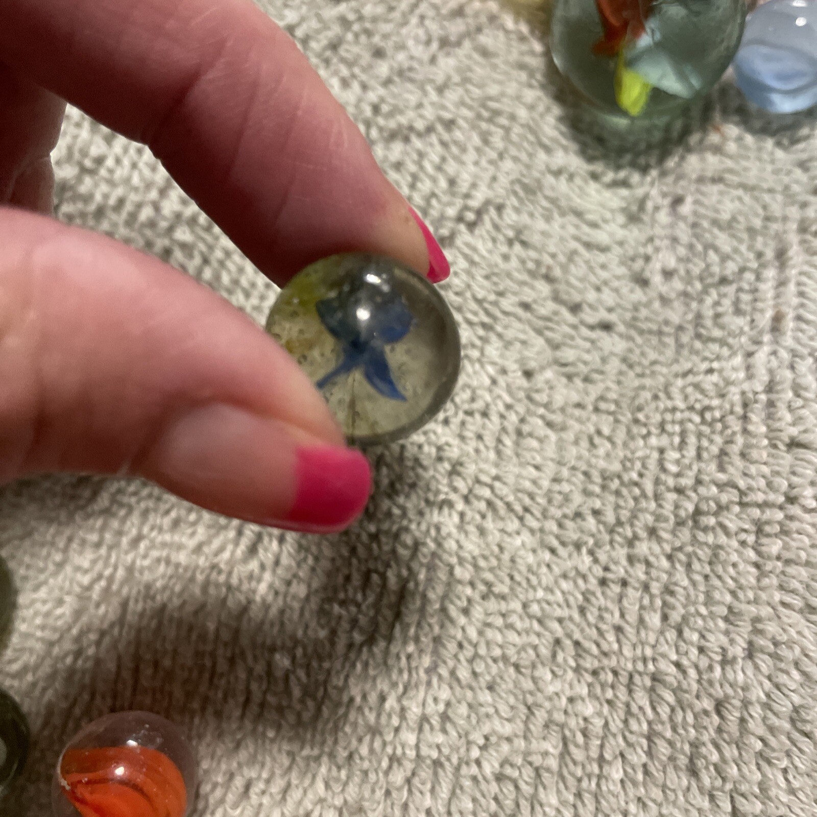 1930-1940’s cat eye 4 vein marbles. Total 12, 1 In, .75 , 10 .50