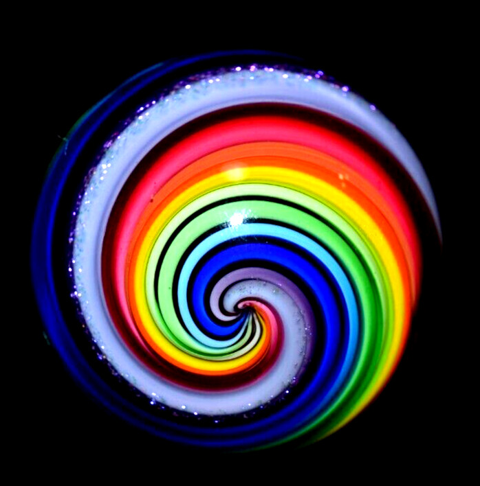 EDDIE SEESE GLASS MARBLE/1.390″-DICHROIC ICE CREAM-LIGHT LAVENDER,ORANGE,TURQ, +